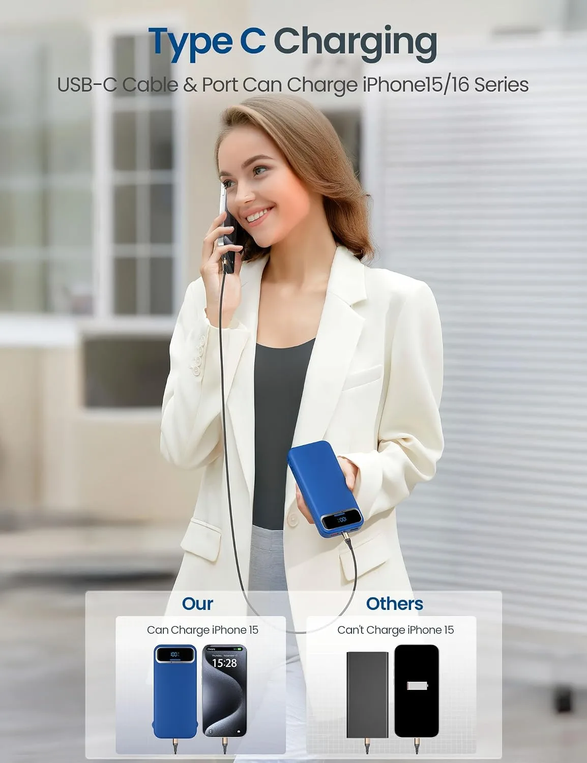 aonidi Portable Charger 12000mAh with Built-in Cables&AC Wall Plug, Navy