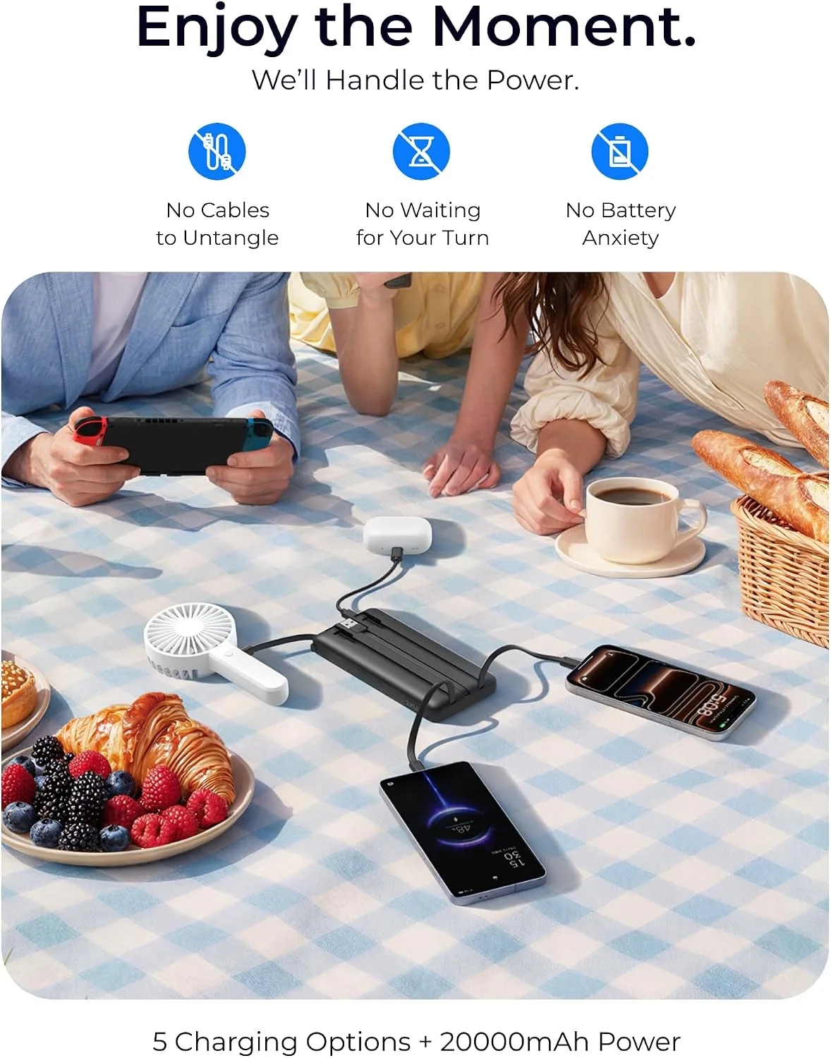 VRURC Portable Charger 4-Built-in-Cables 20000mAh Fast Charging Power Bank
