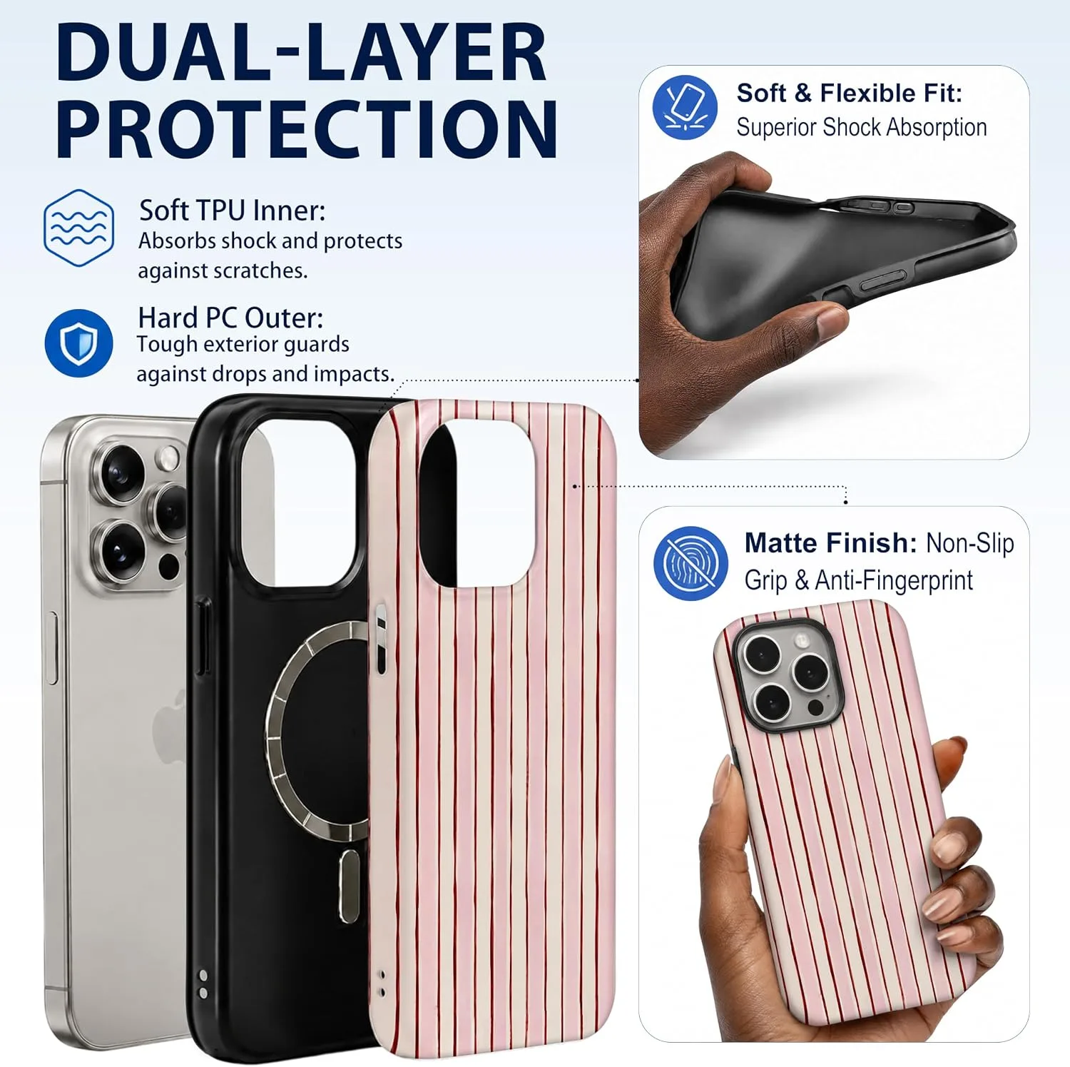 Magnetic for iPhone 15 Pro Max Phone Case, Pink & White Striped
