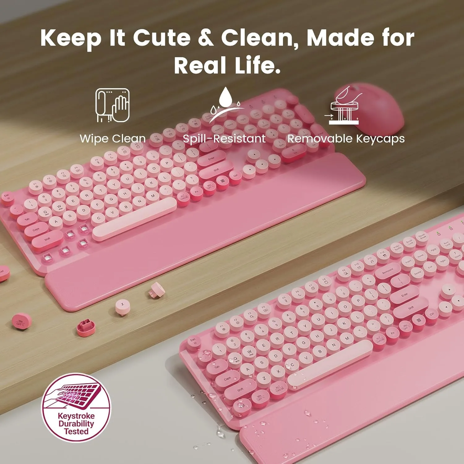 Wireless Keyboard and Mouse Combo, Magnetic Wrist Rest, Round Keycaps, Pink