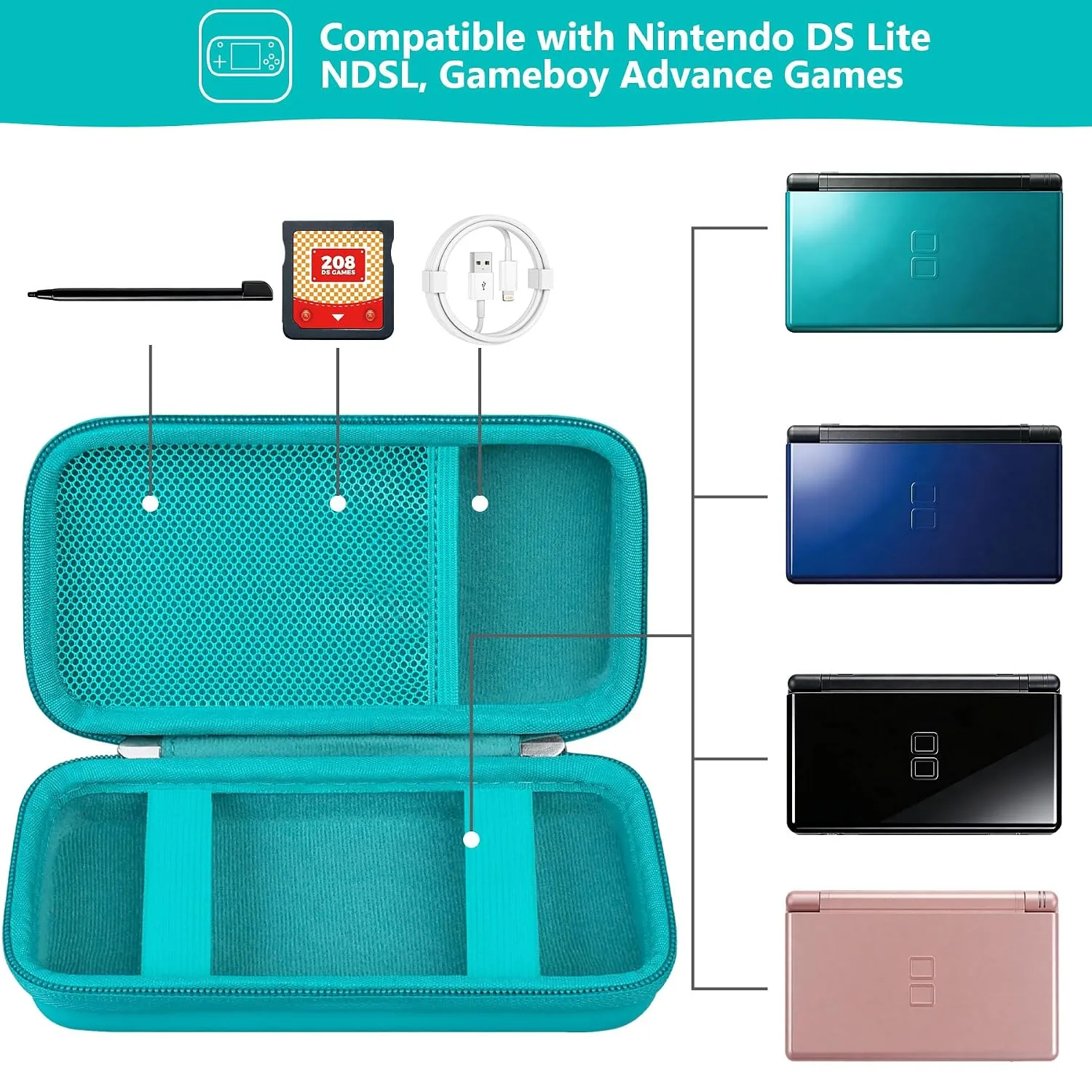 Supmay Hard Carrying Case Compatible with Nintendo DS Lite NDSL, Gameboy Advance Games Storage Holder Travel Bag with Mesh Pocket for USB Charging Cable, Stylus, Earphones, Game Cartridge, Green