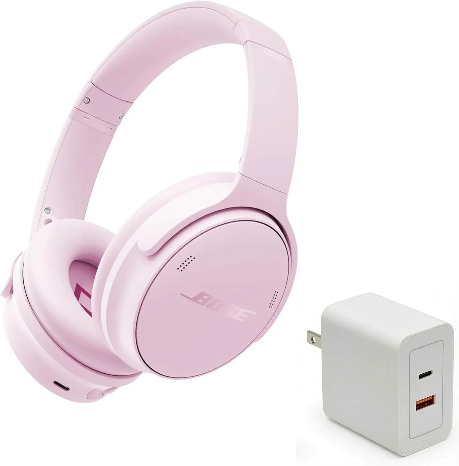 Bose QuietComfort Headphones Bundle with Fast Charger - Wireless Bluetooth Over-Ear Noise Cancelling Headphones with Mic, USB-C Charging, Deep Bass, Up to 24 Hours Playtime (Petal Pink)