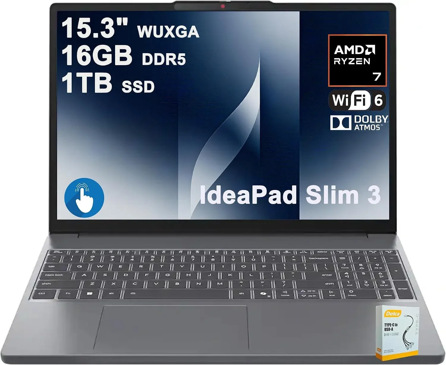 Lenovo IdeaPad Slim 3 Business Laptop   15.3" WUXGA IPS Anti-Glare Touchscreen   AMD 8-core Ryzen 7 170   16GB DDR5 1TB