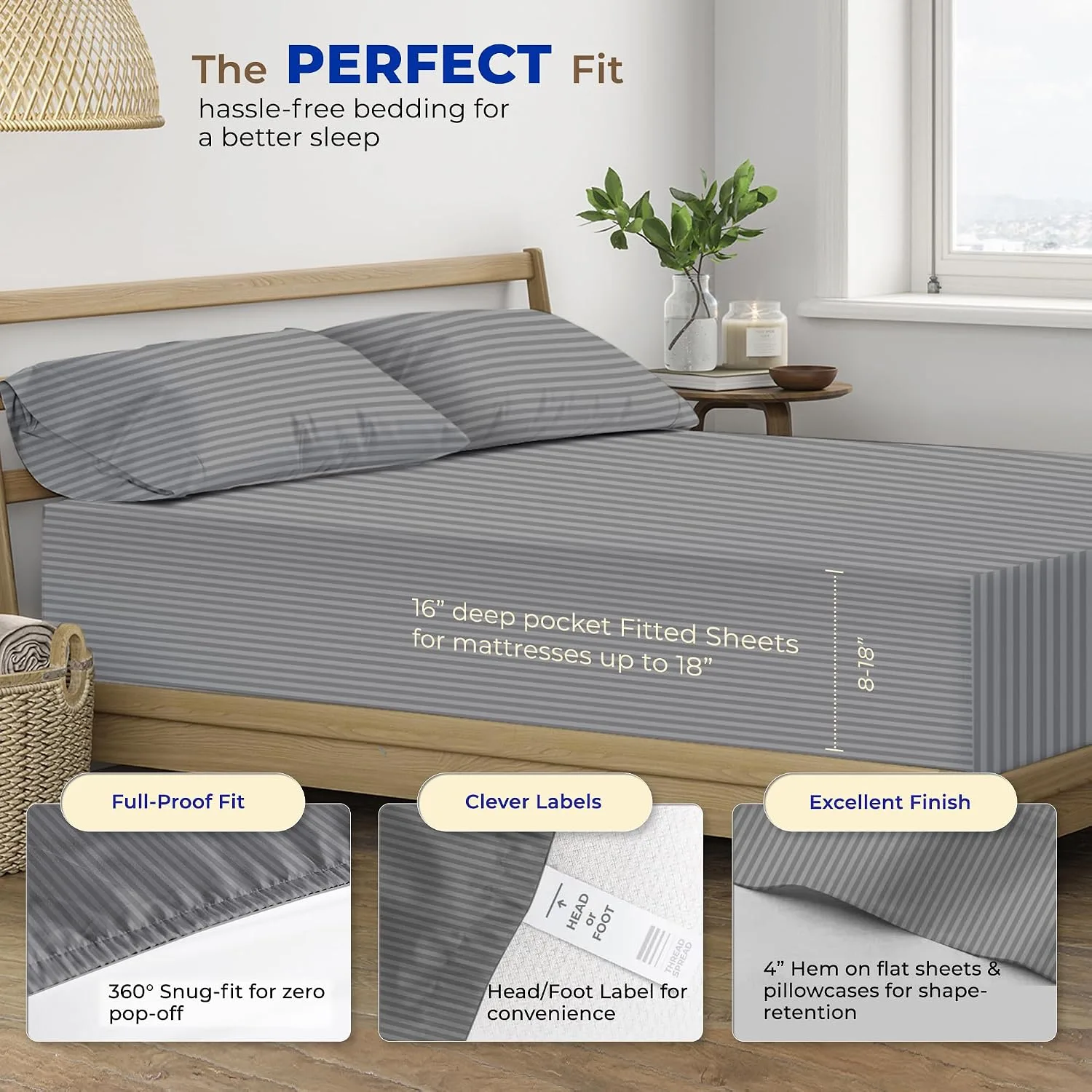 THREAD SPREAD Egyptian Cotton Sheets King Size - Luxury 600 Series King Size Sheets Set (4 PC, Dark Grey - Stripe), 16" Deep Pocket All Around Elastic, Cooling, Sateen, Durable Hotel Bed Sheet Sets