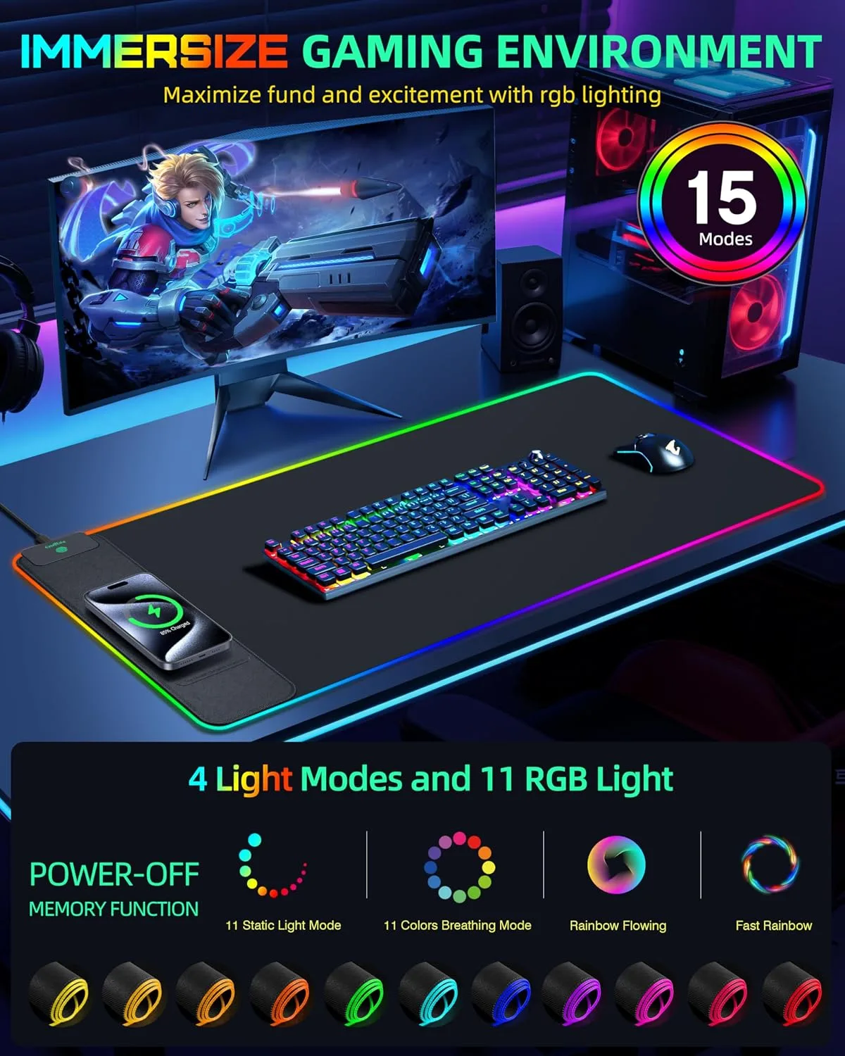 15W Wireless Charging RGB Mouse Pad, 31.5"x15.7", XXL Gaming Desk Mat