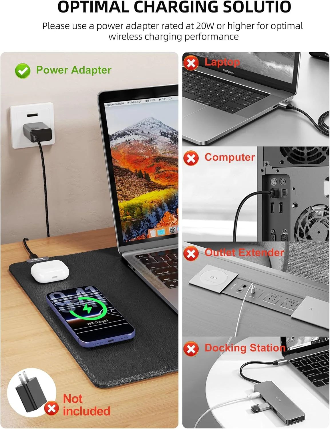 Mouse Pad with 15W Wireless Charging, XXL Large Leather Desk Mat, Black