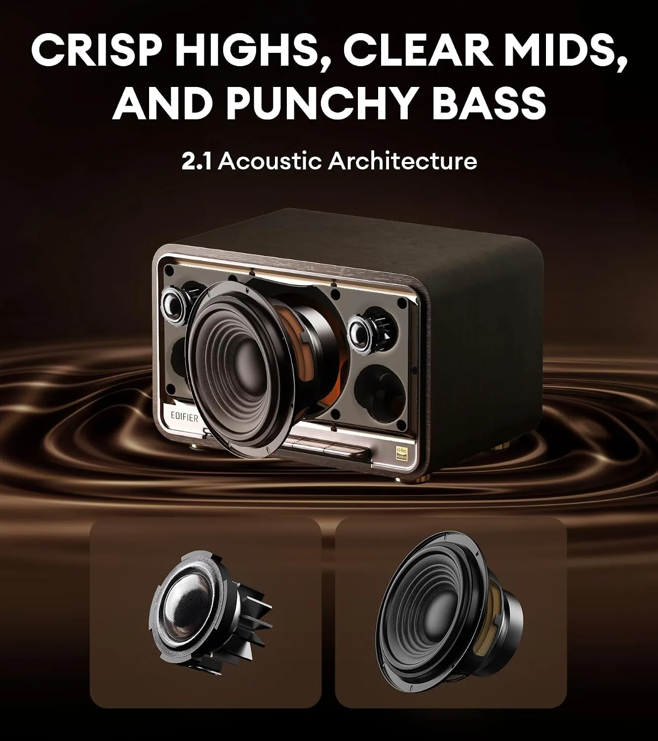 Edifier D32 Retro Wooden Tabletop Wireless Speaker AirPlay2, Black Walnut