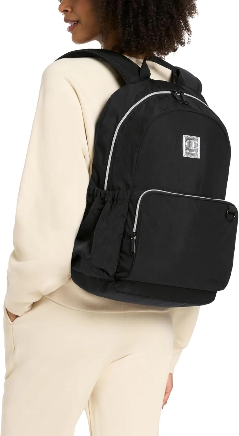 Champion Venice Laptop Backpack in Crinkle Nylon with Padded Adjustable Straps, Water Bottle Pocket for Work, Travel, Commute, Black, One Size