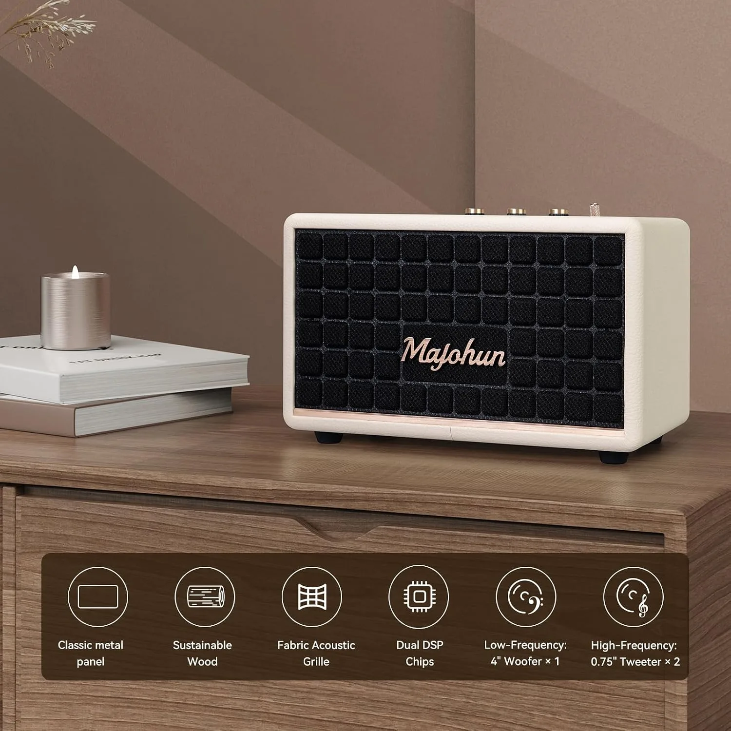 100W Peak Wood Bluetooth 5.4 Speaker, Vintage TWS Stereo (White)