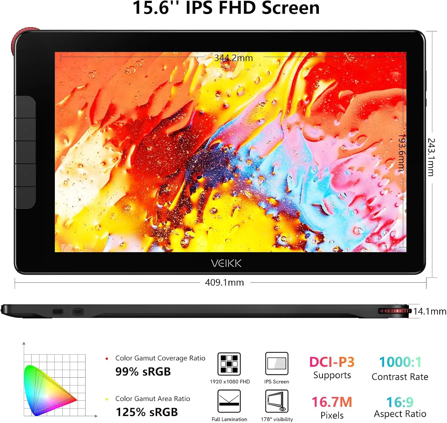 VEIKK Studio 16 Drawing Tablet with Screen 15.6" Graphic Tablet,125% sRGB