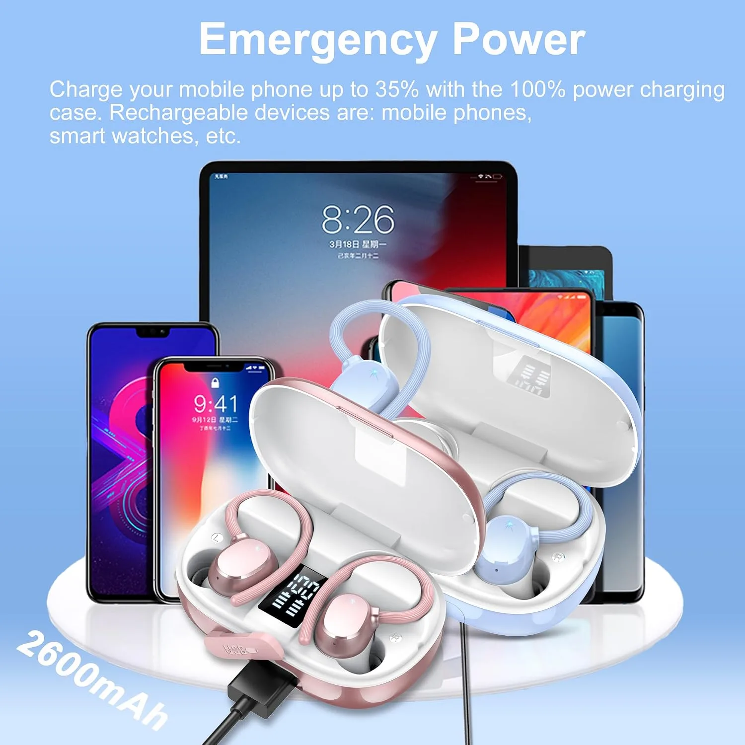 Ear buds Wireless Bluetooth Earbuds Sport 128H Playtime 2026 NEW Bluetooth 5.3 Headphones with LED Display Powerful Bass Over Ear Earphones with Earhooks IP7 Waterproof for Gym/Running/Workout