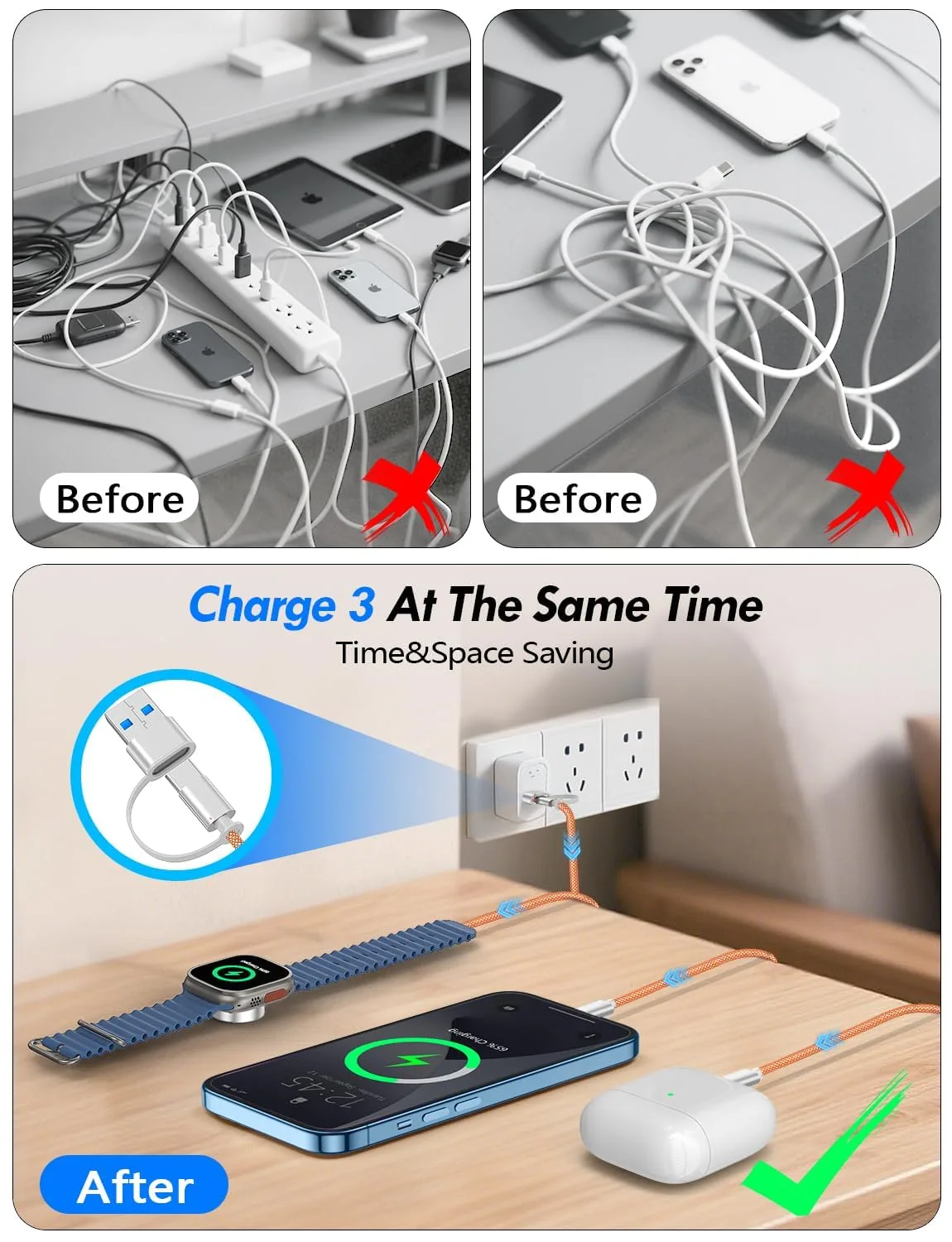 1Pack Travel Essentials for Apple Watch Charger,3-in-2 Multi Charging Cable