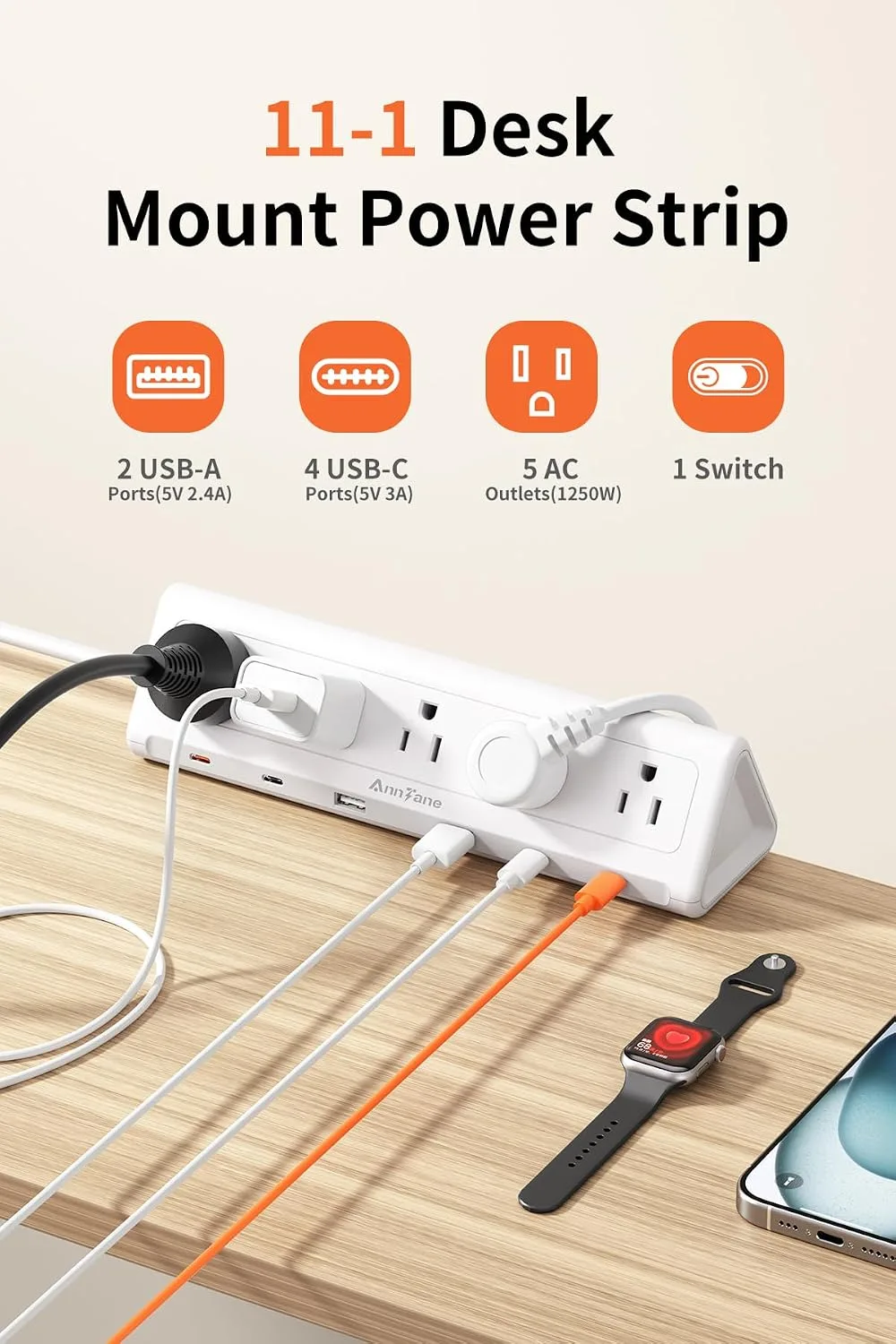 AnnTane Desk Clamp Power Strip USBC, 40W Fast Charging, 6.5 Ft, White