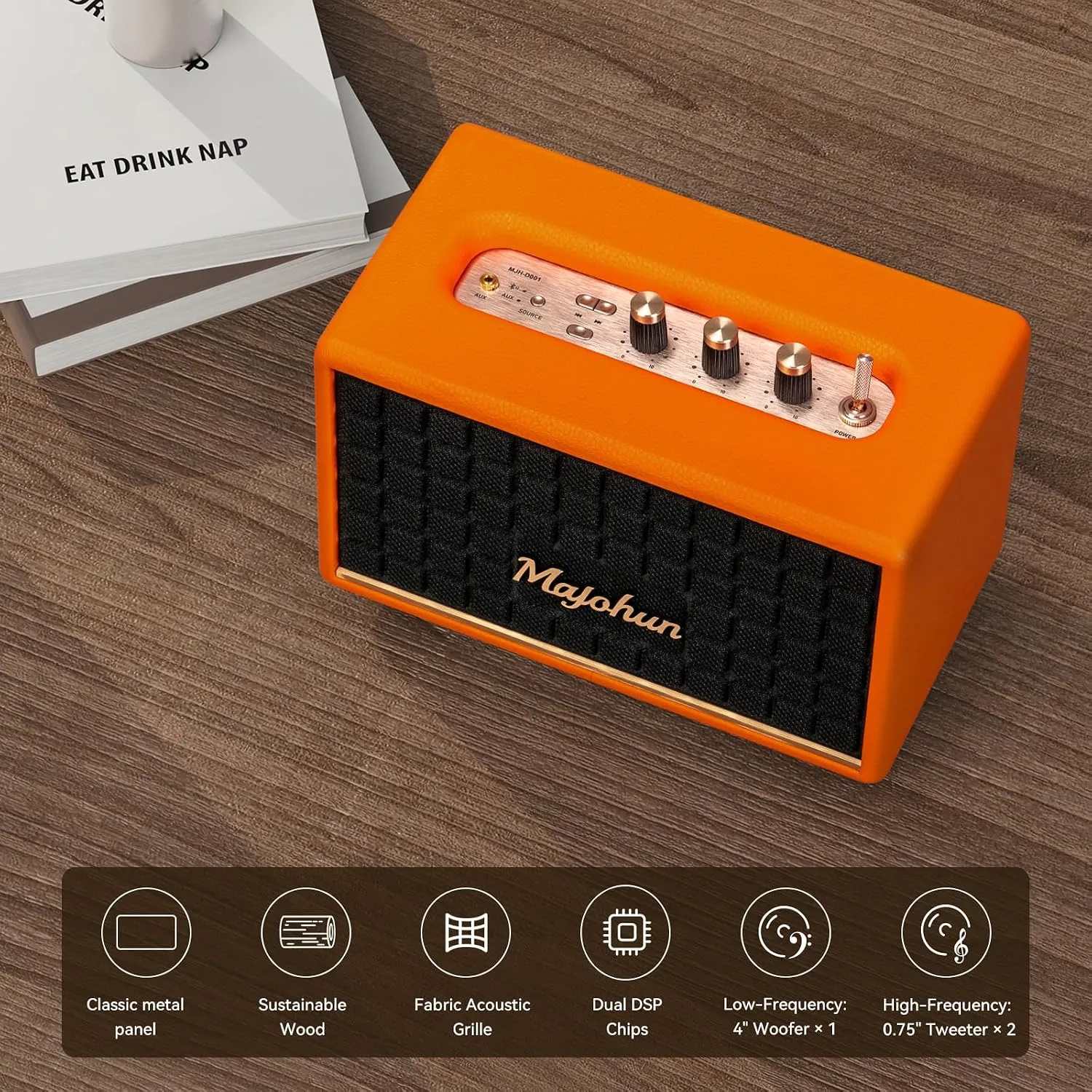 100W Peak Wood Bluetooth 5.4 Speaker, Vintage TWS Stereo (Orange) | Retro style with bass & treble control, AUX & USB input; multiple modes, clear sound ideal for home, room, office, party use.