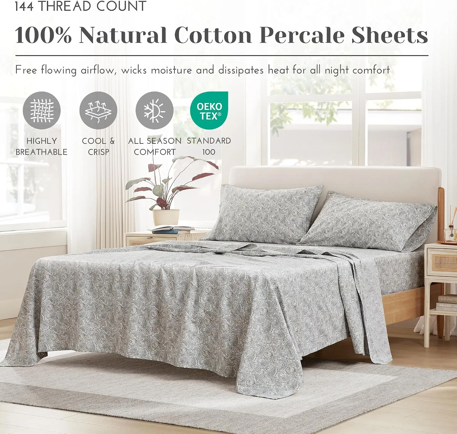 Comfort Spaces 100% Cotton Percale Sheets Queen Size 4 Piece, Paisley Multi
