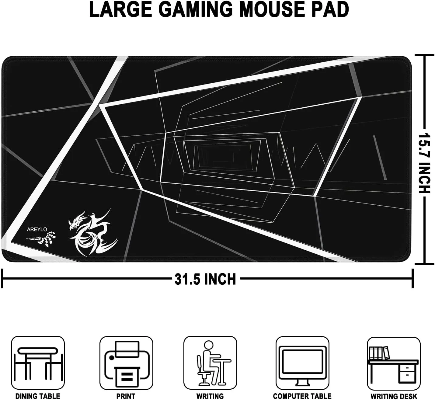 Mouse Pad Large, Waterproof Extra Large Gaming Mousepad with Stitched Edges, 31.5" x 15.7" Non-Slip Rubber Base Office Big Long Keyboard Pad for Office Gamer Home XXL, (Black Square)