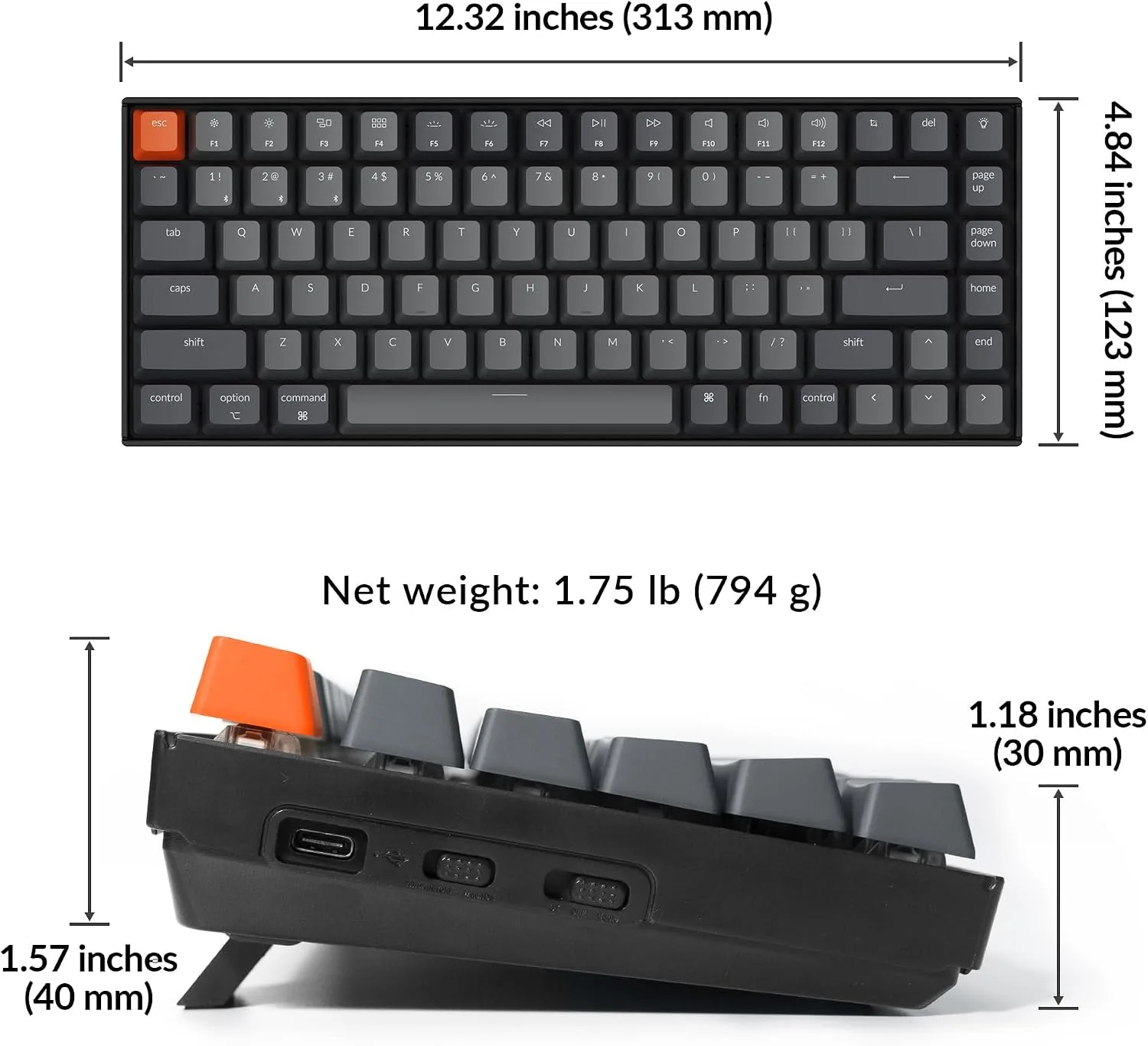 Keychron K2 75% Layout Bluetooth Mechanical Keyboard Super Red Switch/White LED Backlit/Anti Ghosting/N-Key Rollover/84 Key USB C Wired Computer Keyboard for Mac Windows-Version 2