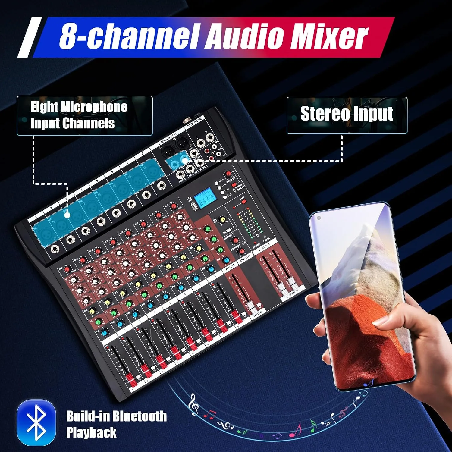 Audio Mixer 8-Channel,DJ Mixer with Bluetooth & 3-Band EQ,Sound Mixer Board with +48V Phantom Power,10-Segment LED,XLR Inputs,Metal Chassis Digital Mixer for Studio Live Music Karaoke