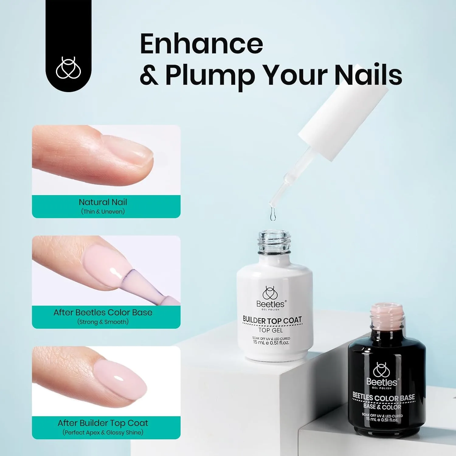 Beetles Color Base Coat & Builder Top Coat Gel Set, 2Pcs 15ML Nude Pink Color Base Ultra Shine No Wipe Builder Top Coat for Nails, Long Lasting Thick Base For Nail Strengthening Gift for Girls