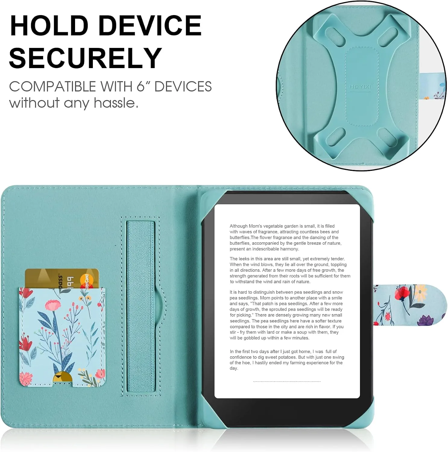 HoYiXi Universal Case for 6-inch Kindle eReader Compatible with Kobo/Voyaga/Pocketbook/Tolino E-Book Reader,6'' eReader Protective Cover with Built-in Card Slot,Flower