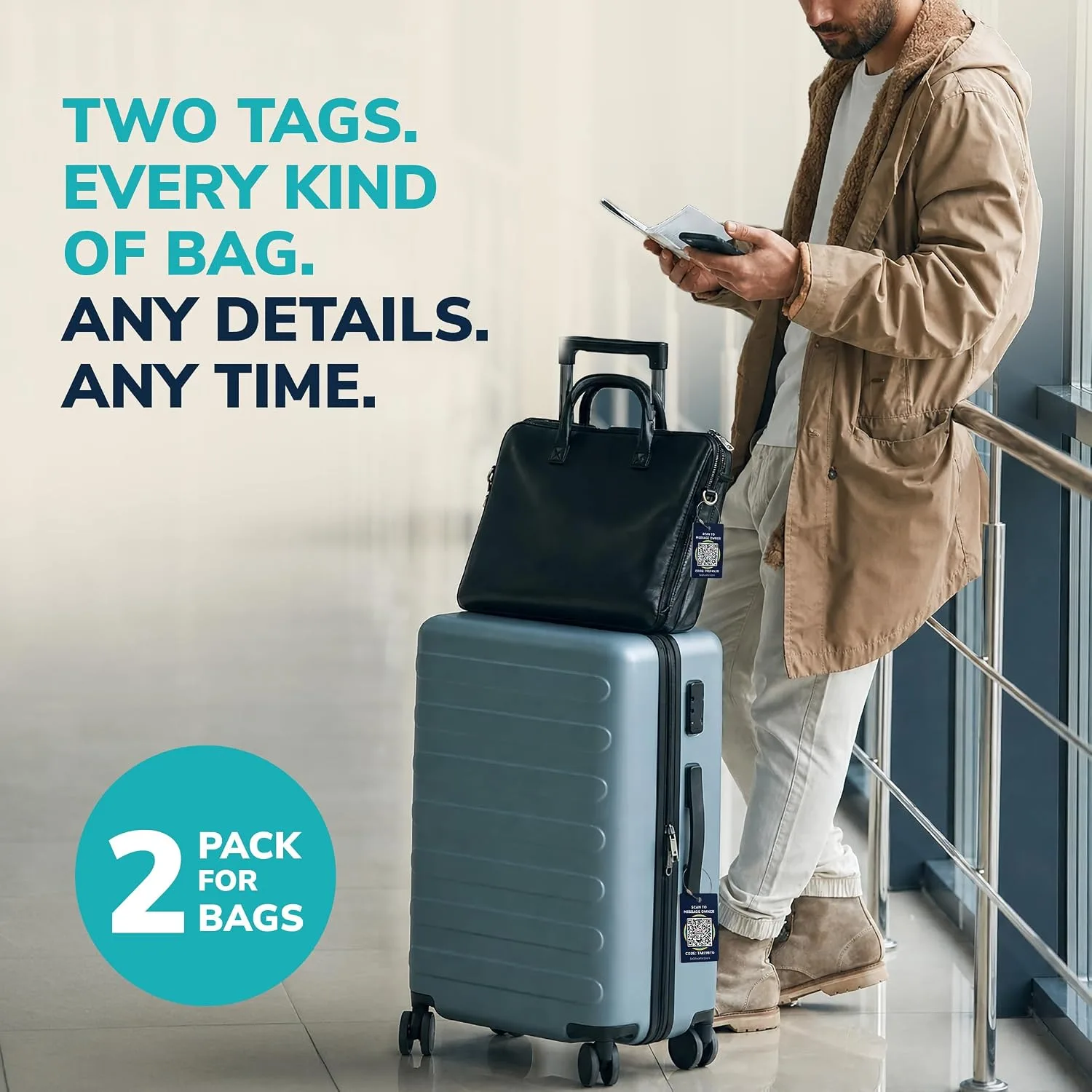 Smart Luggage Tags | Privacy QR Code Tags for Travel Suitcases, 2-Pack