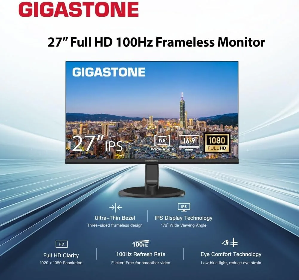 Gigastone 27 inch IPS LED Back Light Monitor 2-Pack 100Hz FHD 1920 x 1080,178°WideView,Frameless, Dual Monitor, MPRT 1ms, Built-in Speakers, Eye Care Technology, Ergonomic Tilt VESA Mount, HDMI VGA