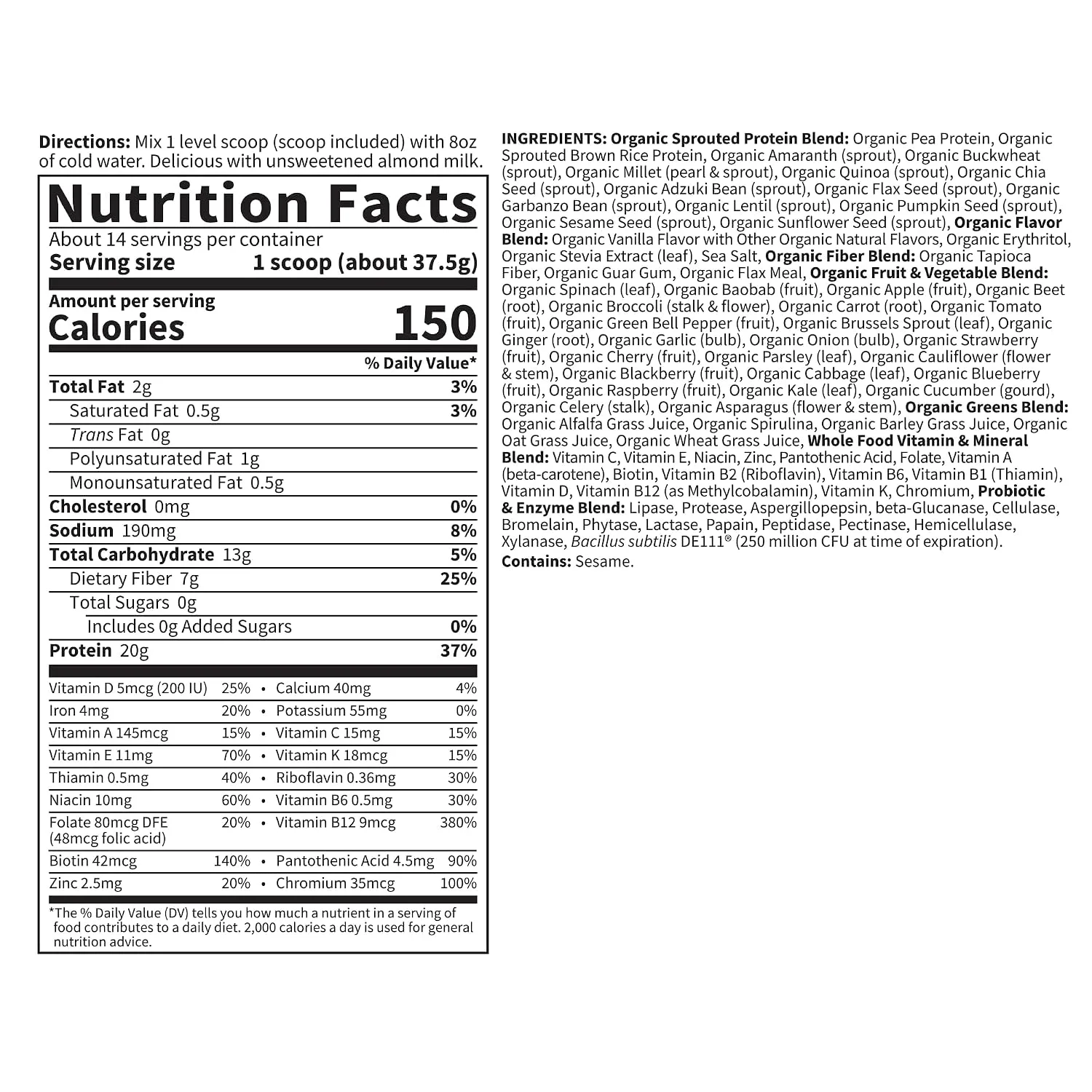 Garden of Life Raw Organic Meal Protein Powder, Vanilla, 14 Servings