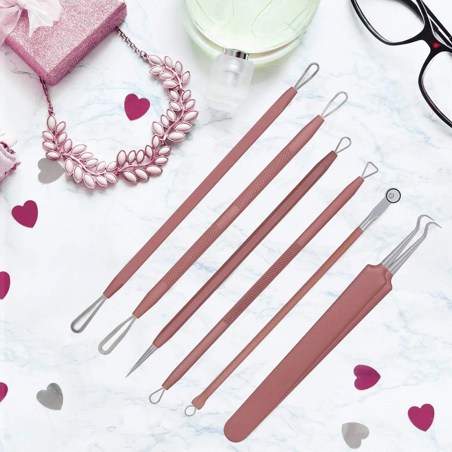 JPNK Blackhead Remover Tool Comedones Extractor Acne Removal Kit for Blemish, Whitehead Popping, 6 Pcs Zit Removing for Nose Face Tools with a Leather Bag (Pink)