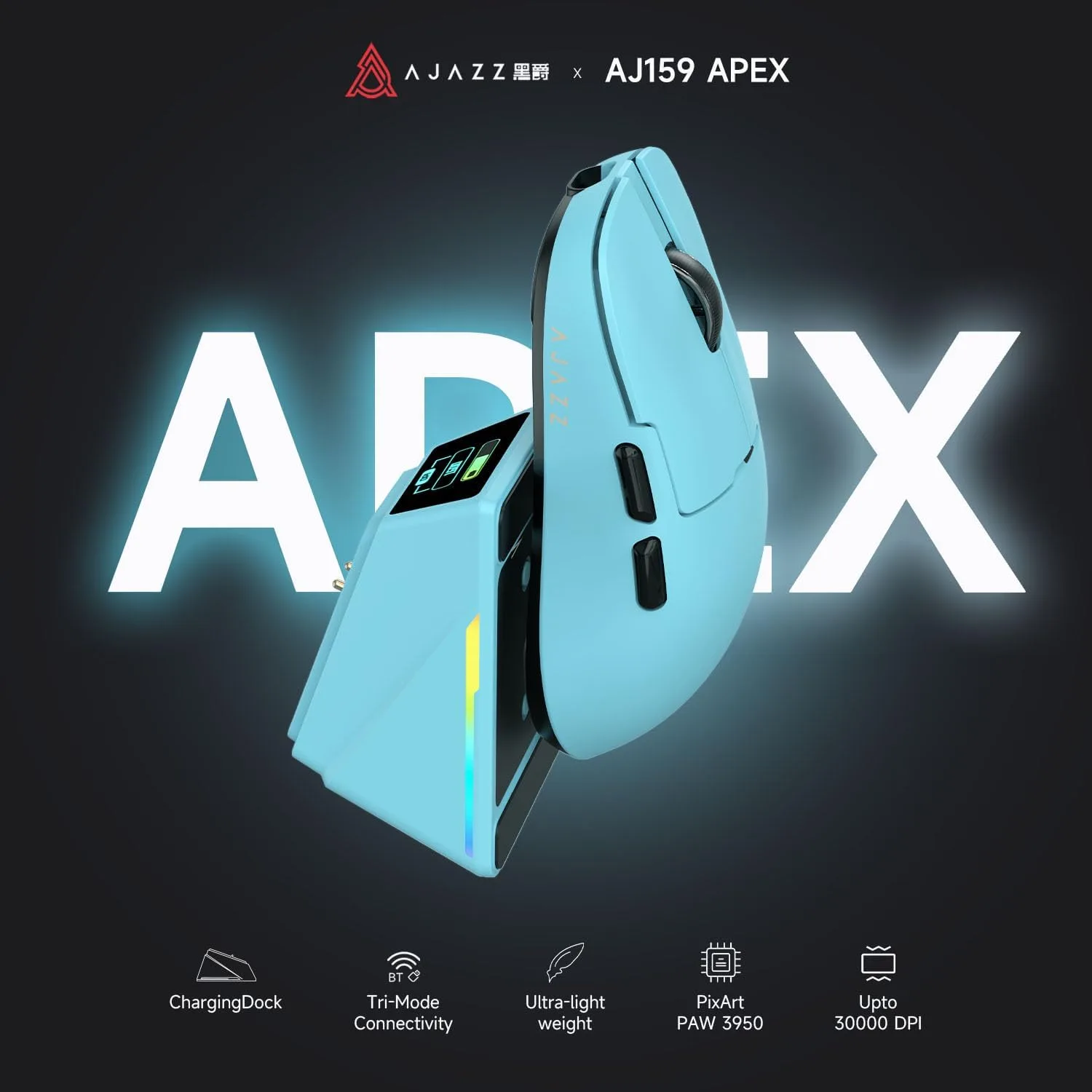 DAIDAI Ajazz AJ159 APEX Wireless Gaming Mouse with TFT Color Screen Charging Dock, 56g Ultra-Lightweight Ambidextrous Mice, PAW3950 Sensor, Tri-Mode, Blue