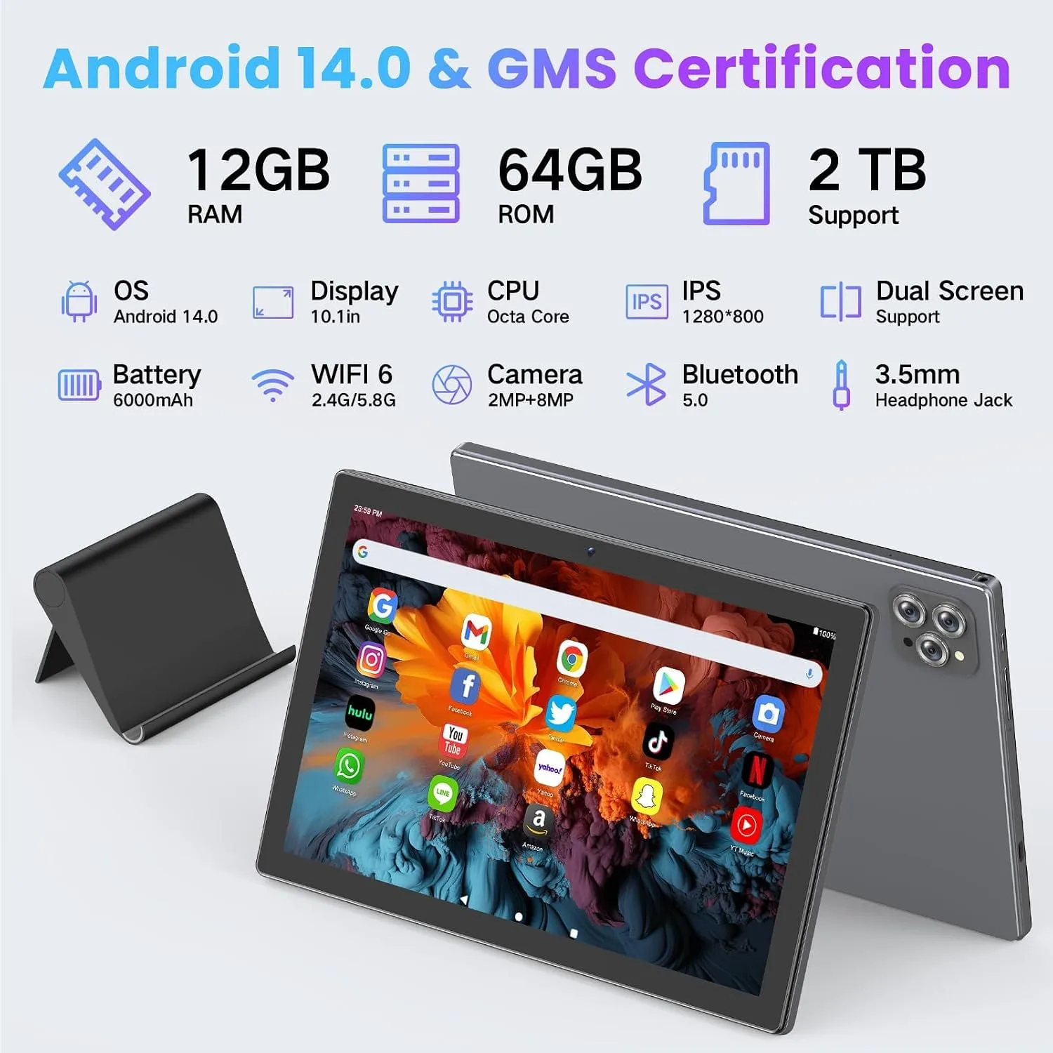 10 .1" Tablet with Stand, Octa-Core, 12GB+64GB, 2TB Expandable Gray
