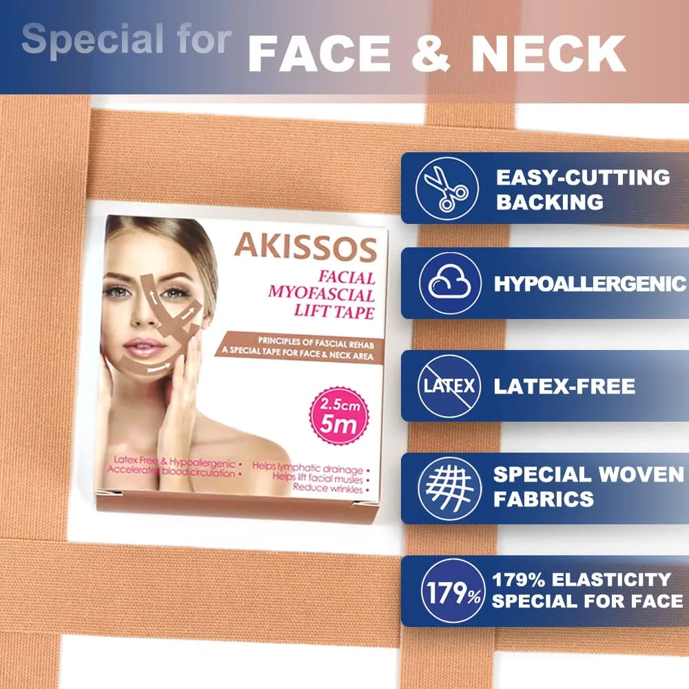 Akissos Facial Myofascial Lift Tape Face Lift Tape Face Toning Belts Anti Wrinkle Patches Anti Freeze Stickers Neck Lift Tape Unisex For Firming and Tightening Skin 2.5cm*5m