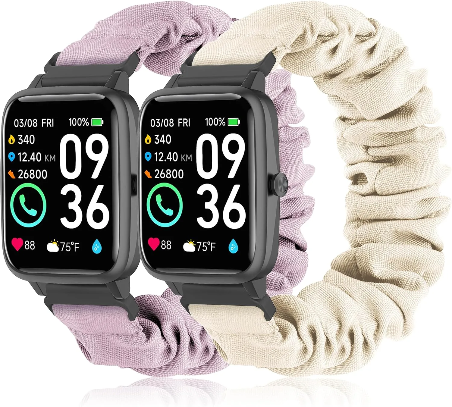 Sunnyson 22mm Bands for Veryfit IDW13/IDW16/IDW19/IDW26/IDW28 Smartwatch，2 Pack Elastic Fabric Scrunchie Straps for Fitvii H57/H56/Fitpolo/Toobur id208 Plus Women