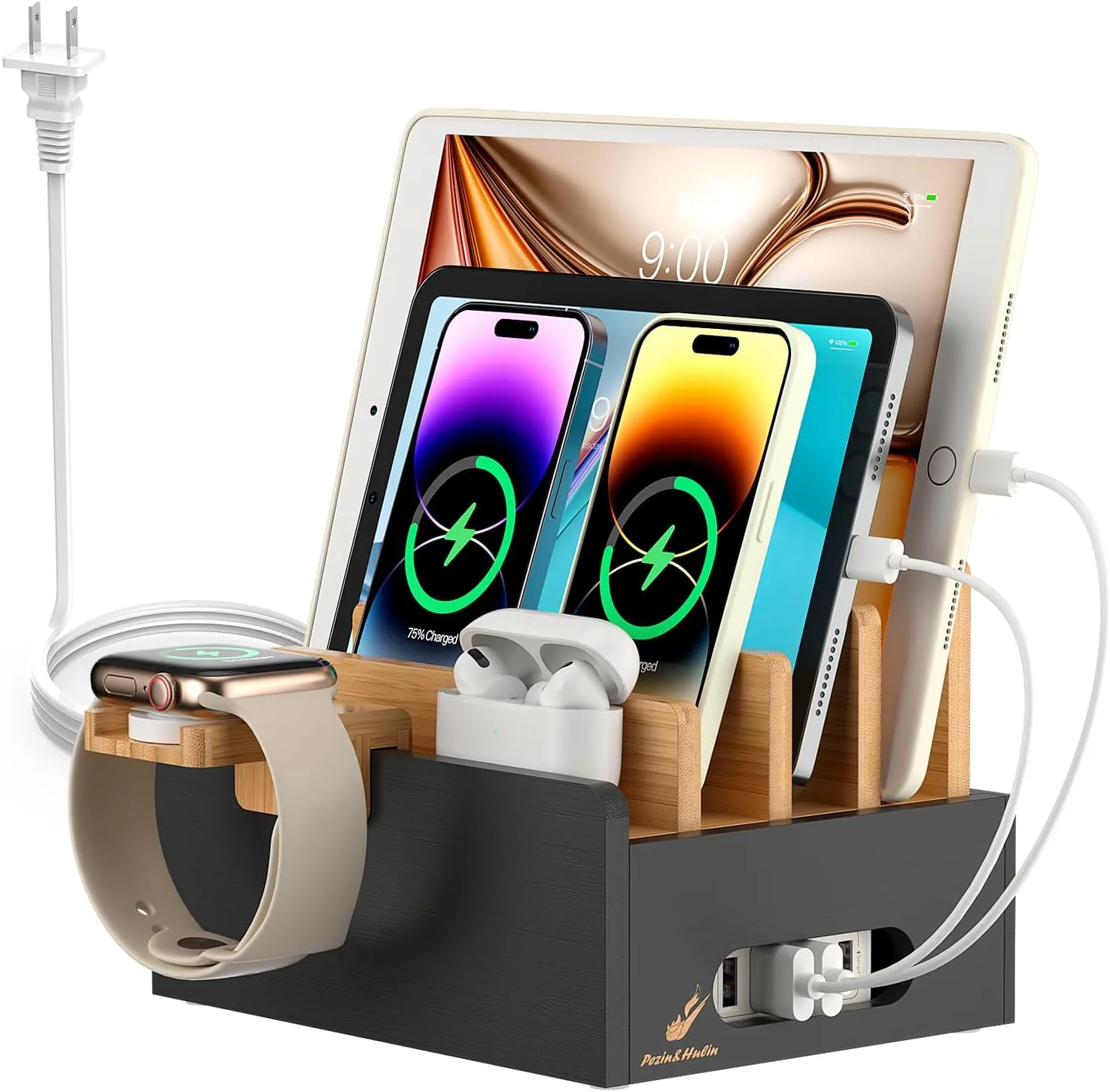 Pezin & Hulin Bamboo Charging Station with USB Charger&Cables-Natural+Black