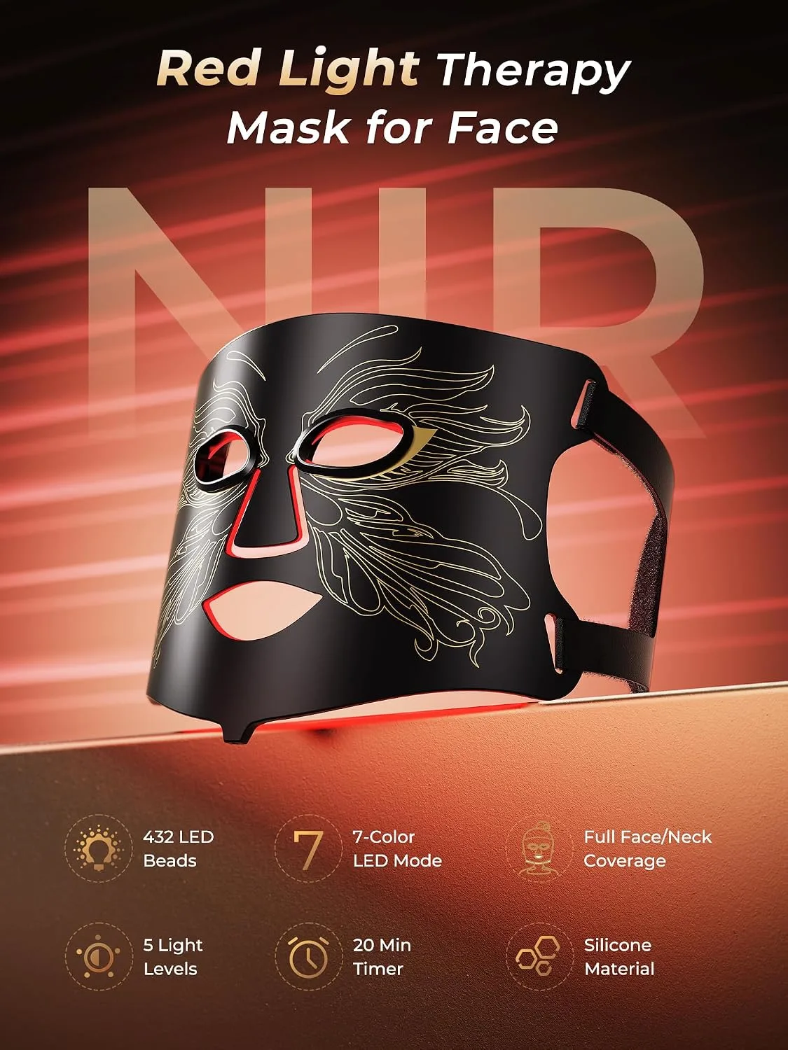 Red Light Therapy for Face & Neck with 850nm NIR & 7 Color Modes