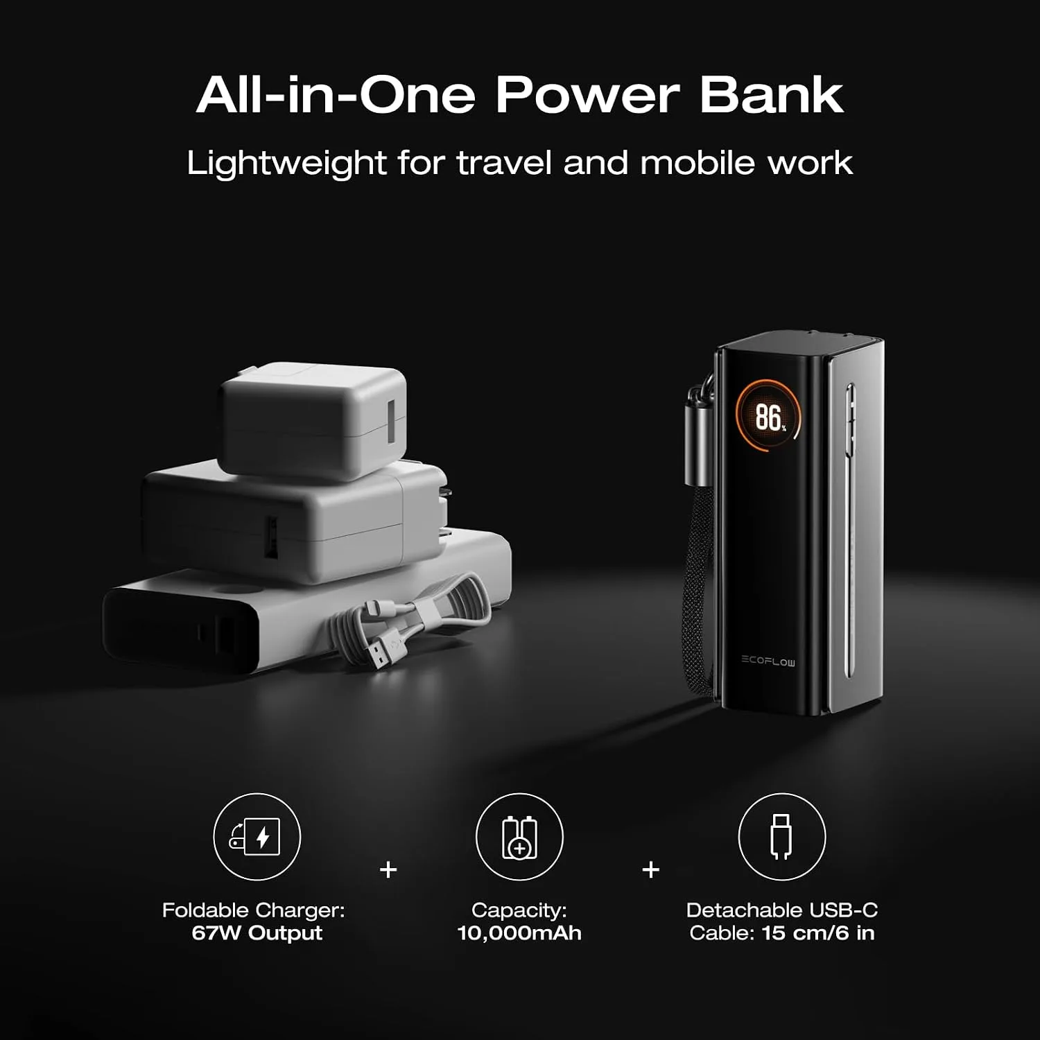 EF ECOFLOW RAPID Pro Power Bank with 67W Wall Plug, 10,000mAh 3-in-1 Portable Charger with Built-in USB-C Cable, 45W Fast Recharging, Travel Essentials for iPhone 17/16 Series, Galaxy, Laptops, and More