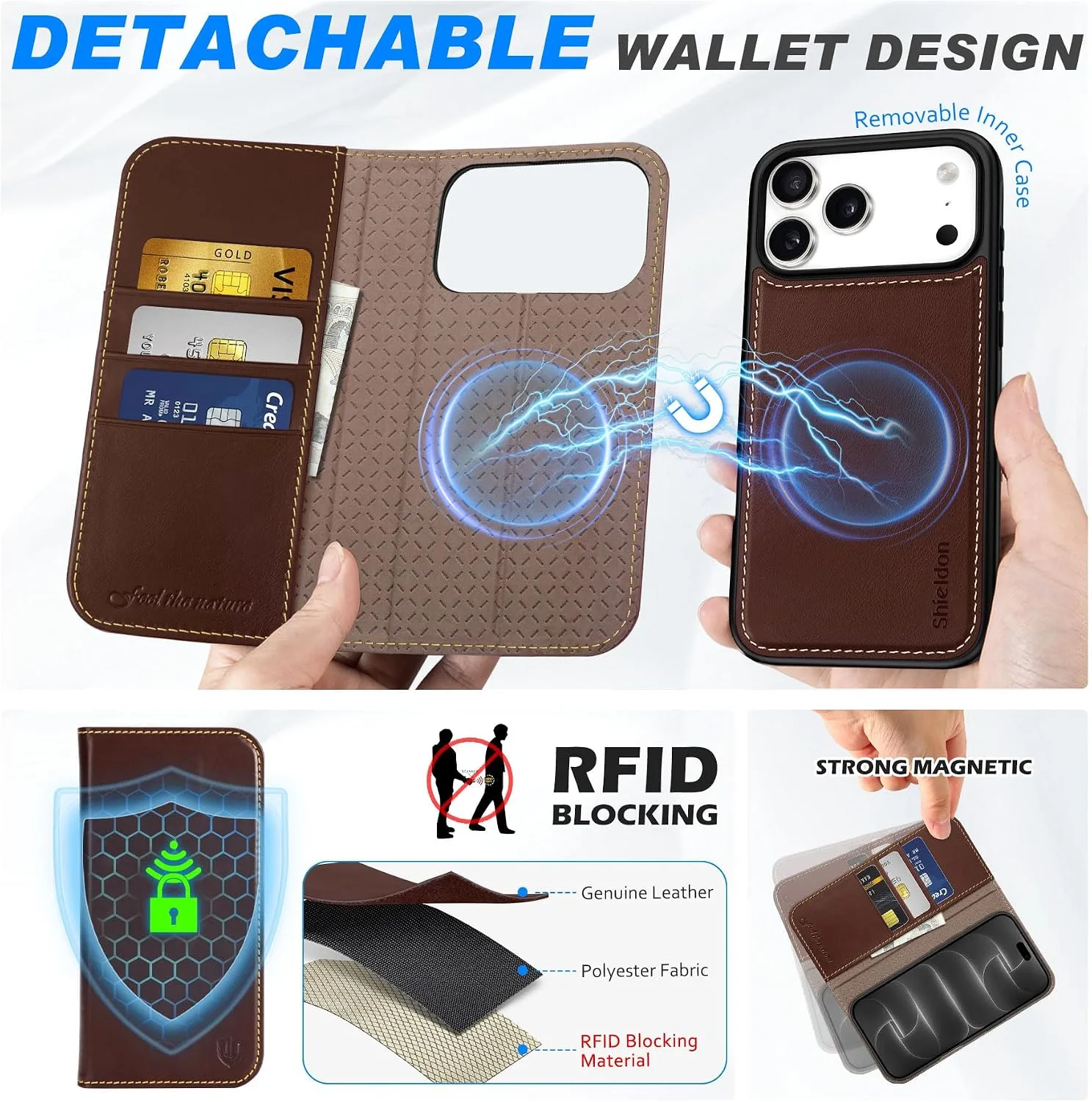 SHIELDON 2 in 1 Wallet Case for iPhone 18 Pro Max/17 Pro Max, Retro Coffee