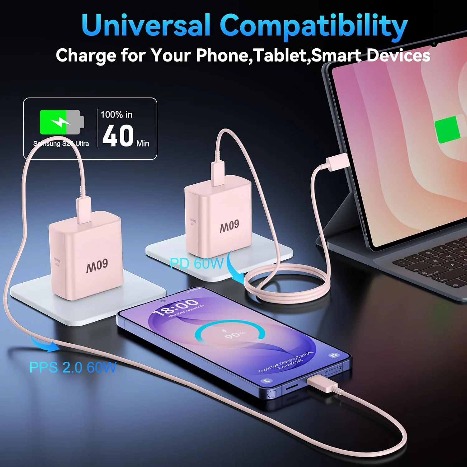 Super Fast Charger Type C 60W USB C Fast Charger Block with 10FT Extra Long Type-C Charging Cord-Super Fast Charging 3.0 for Samsung Galaxy S26 Ultra/S26/S26+/S25 /S24/S23 Ultra-Pink