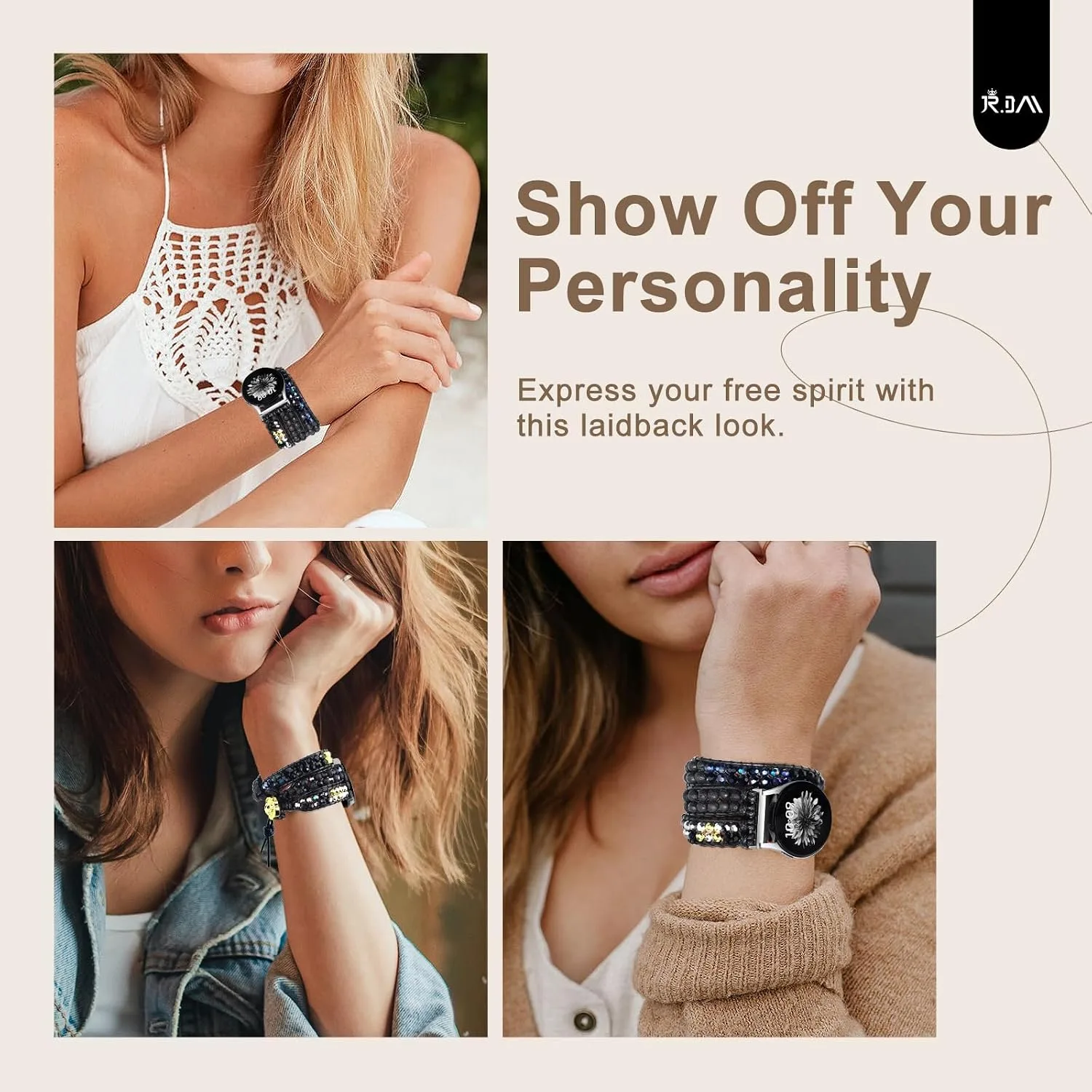 JR.DM Boho Beaded Handmade Braided Bracelet Band Women 20mm Compatible with Samsung Galaxy Watch 7/6/5/4/Active 2/4 Classic/6 Classic/5 Pro/FE 40mm 42mm 43mm 44mm 45mm 46mm 47mm