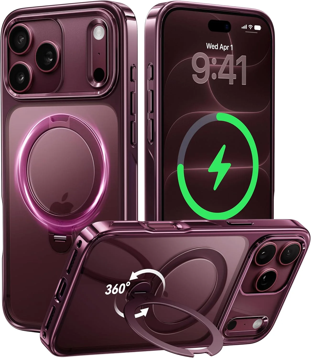 Carcasa Casekoo Glossy Burdeos para iPhone 18 Pro Max con soporte magnético giratorio 360°