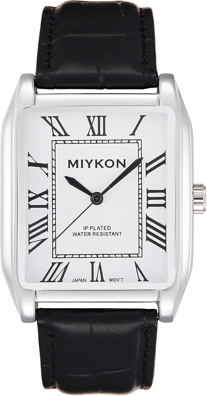 Miykon Men Vintage Tank Dress Watch, Genuine Leather Strap, Water Resistant