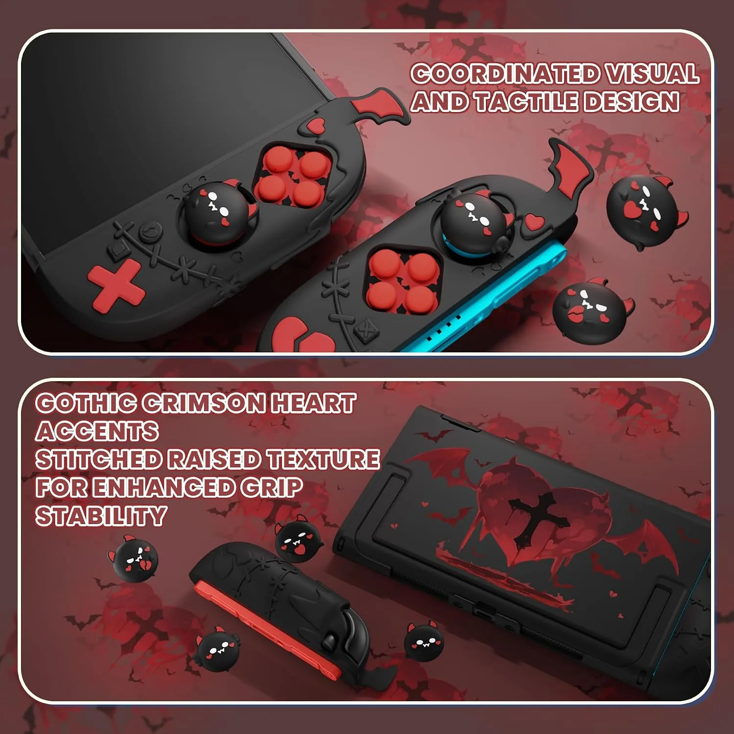 playvital Protective Case for Nintendo Switch 2, Kawaii Gothic Imp Series Silicone Grips + Dockable Hard Case Shell for Switch 2 with Thumb Grips & Sticker, Shockproof Protection Cover - Black