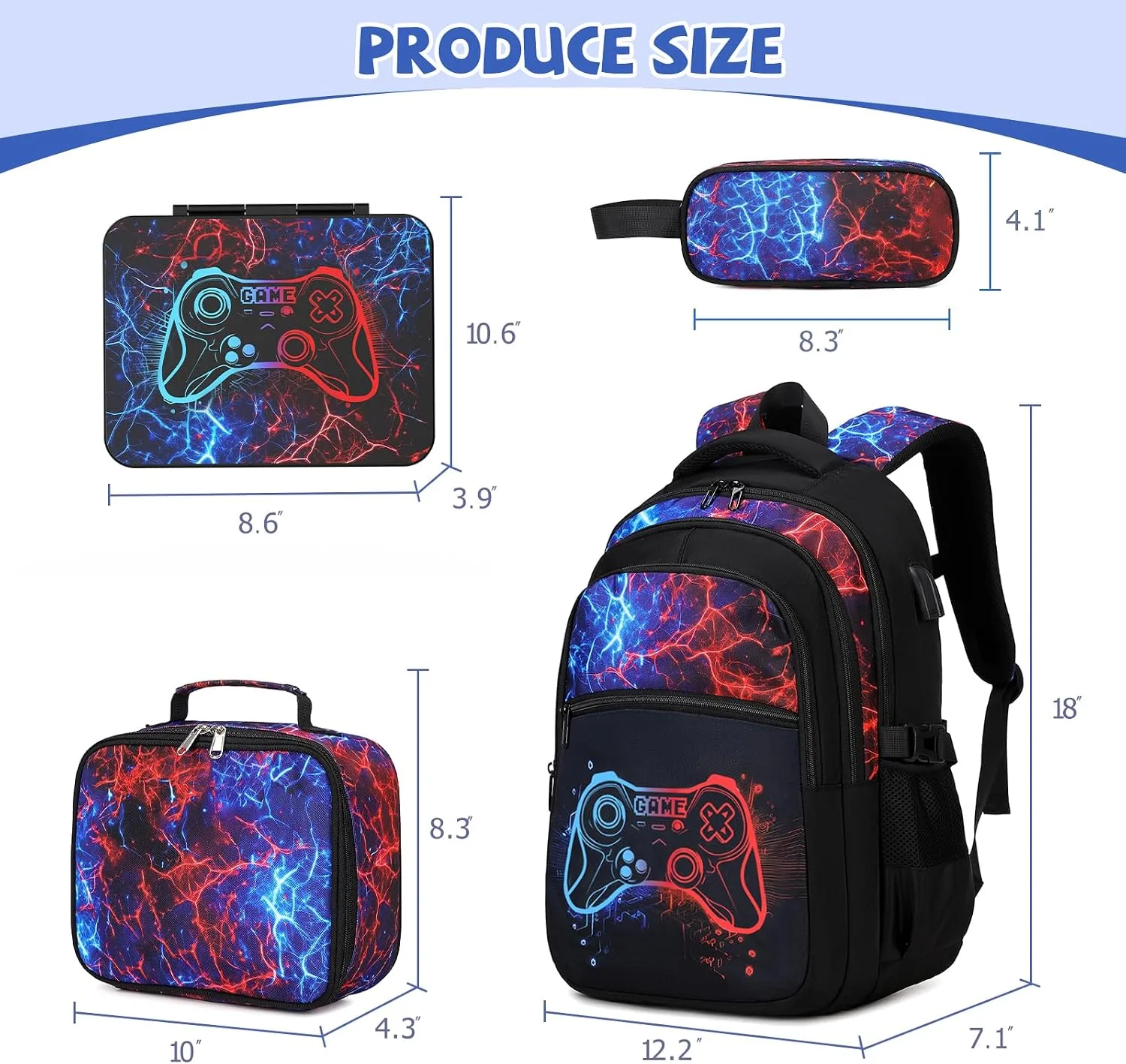 DIGOBAY Boys Backpack for School, 6PCS Cool Luminous Gamer Backpack for Boys with Kids Bento Box Lunch Bag Pencil Case, Kids Backpacks Bookbag for Teen Boys Elementary Middle High School