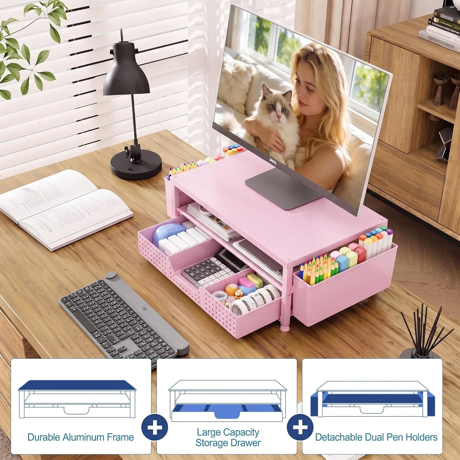 OPNICE Desk Organizer, Monitor Stand Riser with Drawer and 2 Pen Holders