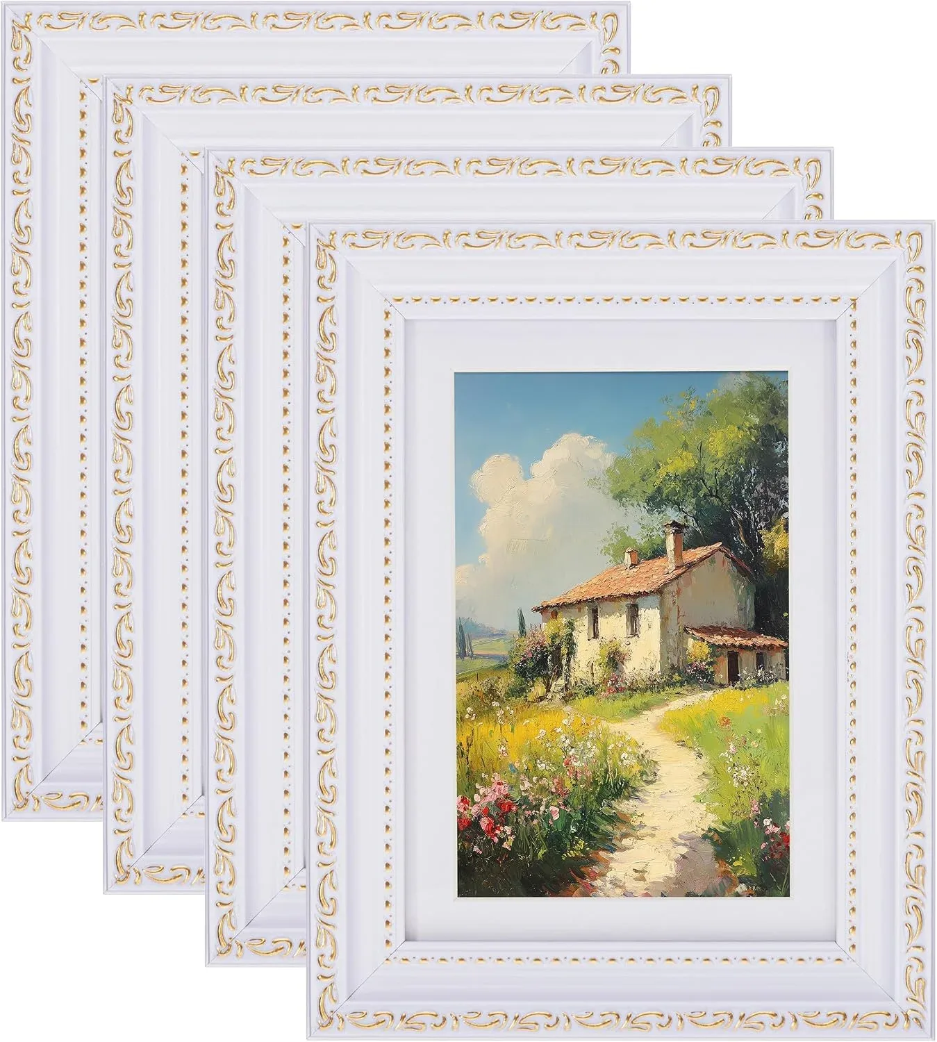 eletecpro 5x7 Vintage Picture Frame, Glass Cover, White, 4-Pack