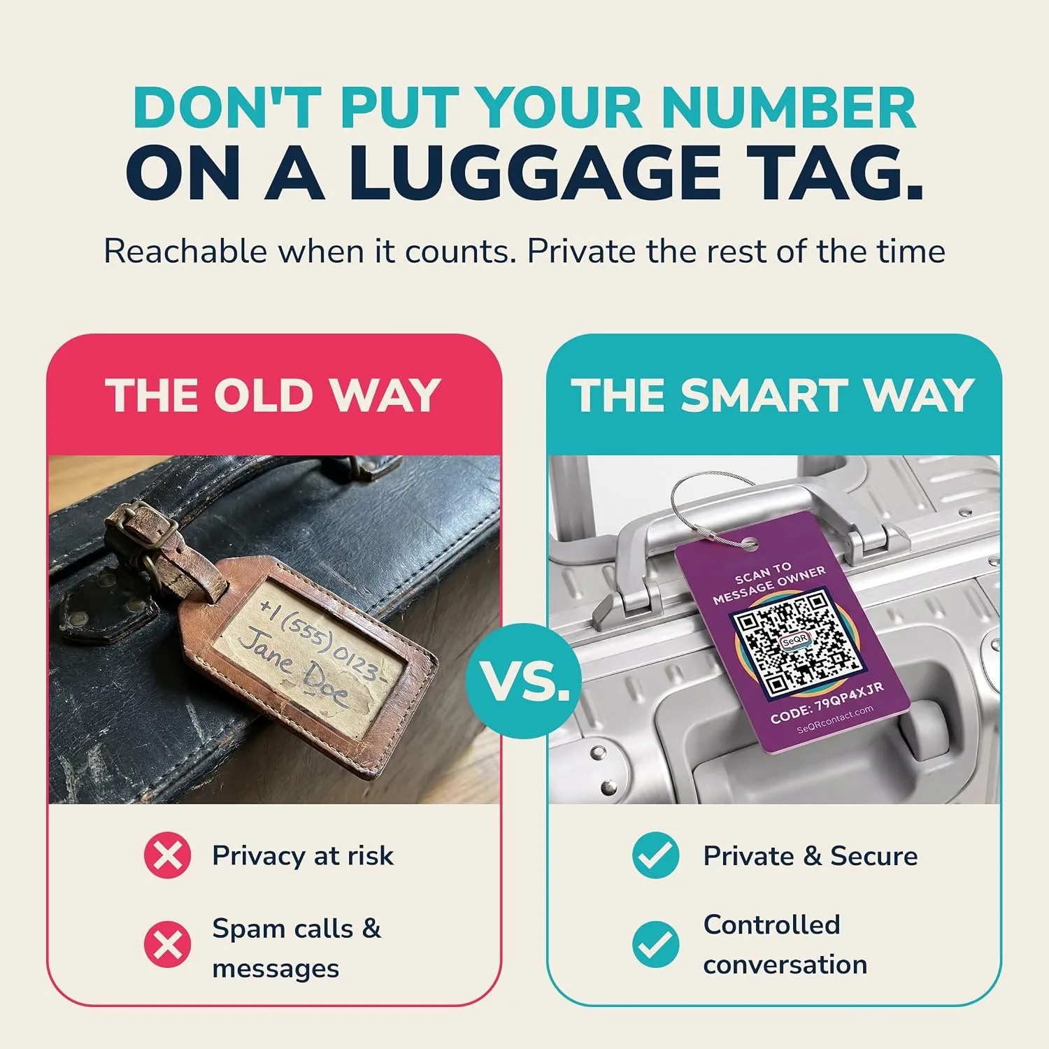 Smart Luggage Tags | Privacy QR Code Luggage Tag, Purple, 2-Pack