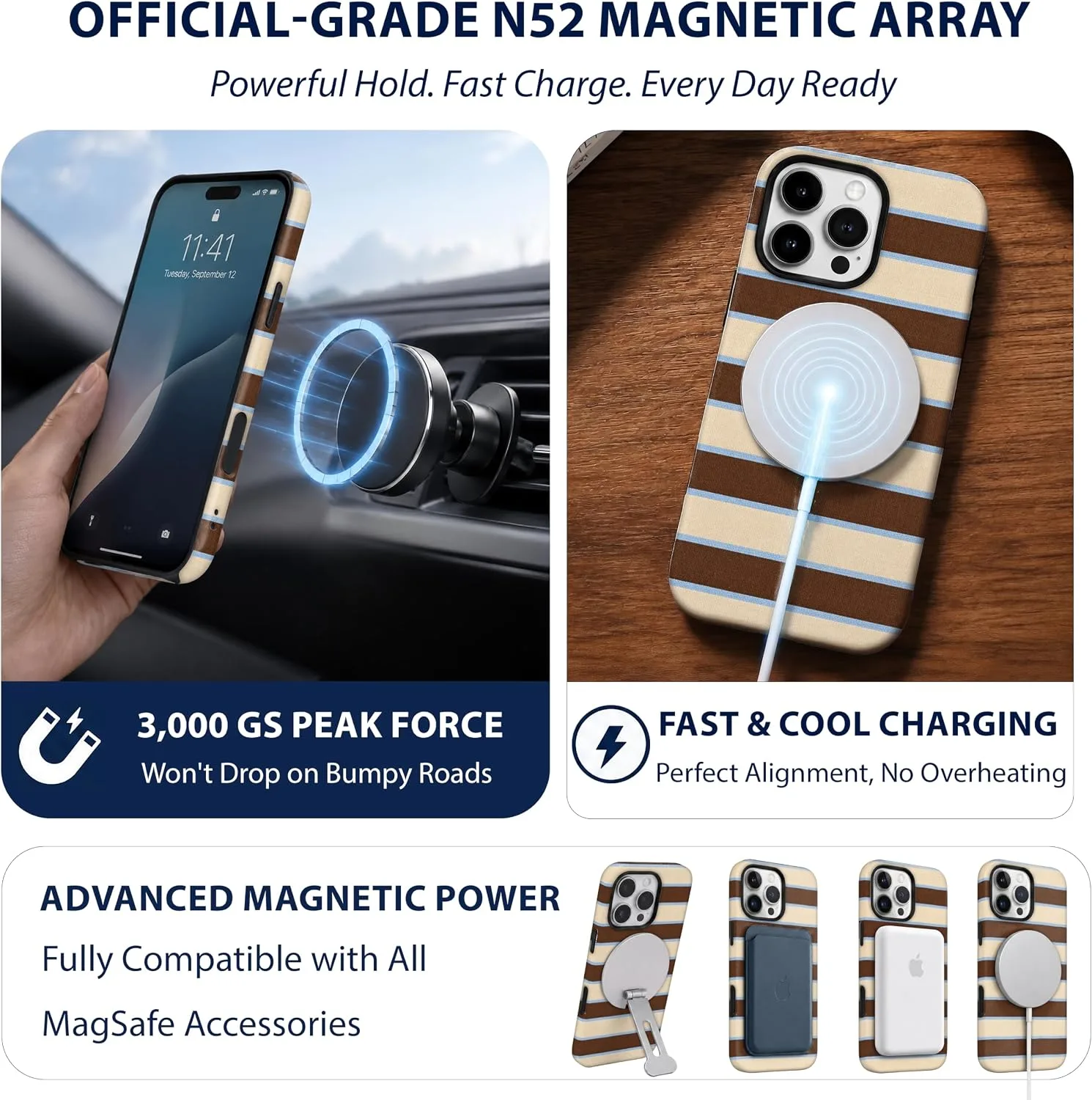 Magnetic for iPhone 16 Pro Max Brown Horizontal Striped Phone Case