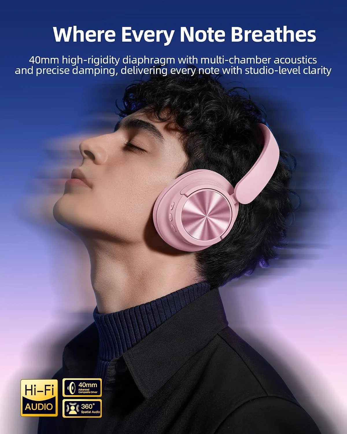 Hybrid Active Noise Cancelling Headphones 120H Playtime Wireless Headphones Bluetooth 6.0 Over Ear Headphones 6 ENC HD Call Mic, Hi-Res 360° Spatial Audio ANC Headphone for Travel Workout Dusty Pink