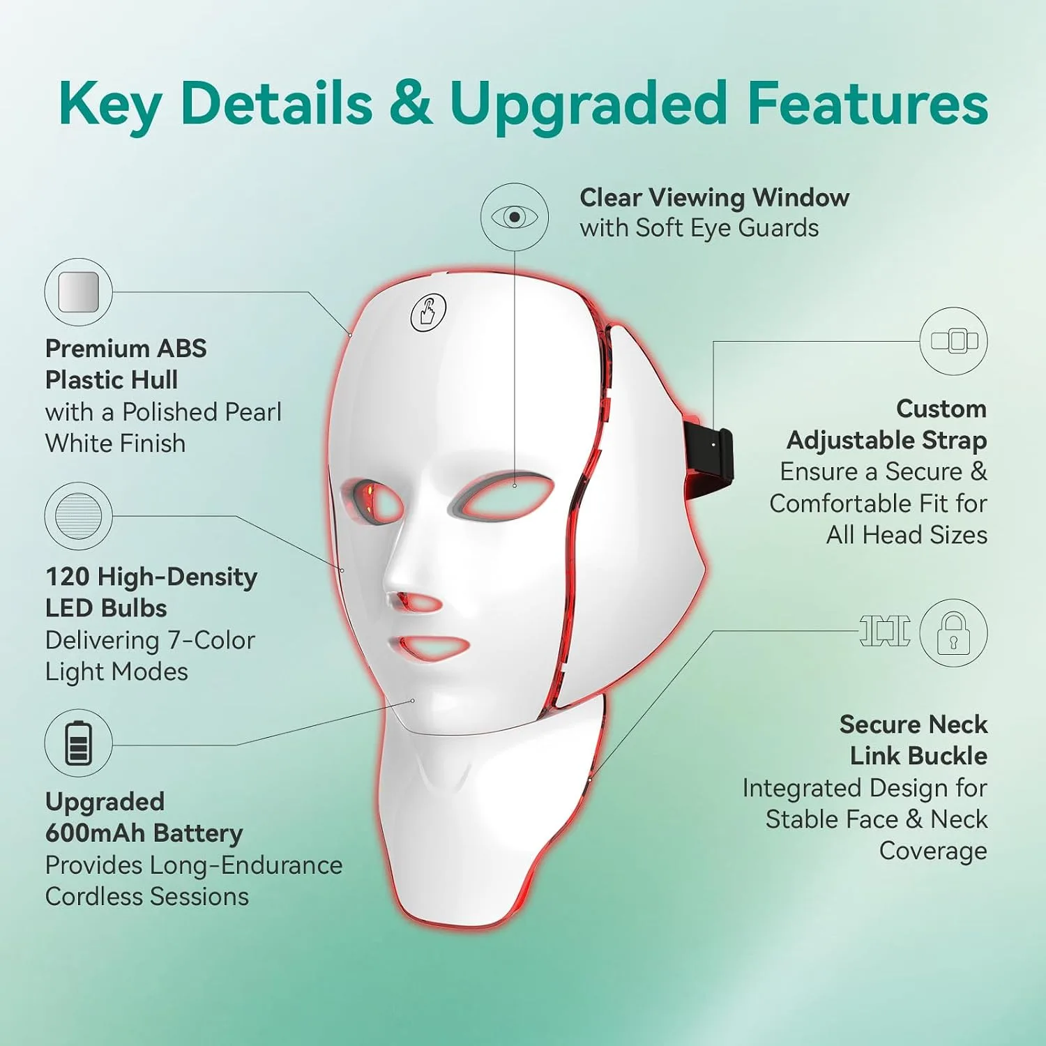 LED Face Mask Light Therapy - Gen 2 Ultra-Lightweight Face & Neck Red Light Therapy Device - Detachable Neck Piece & 7 Color Photon Skin Care Shield - Wireless & Portable Home Spa (Glossy White)