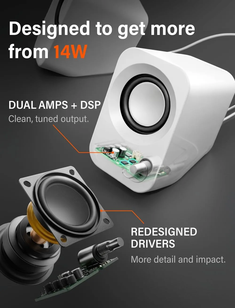 FUNLOGY Speaker Plus - 14W Stereo PC Speakers, Dual Amplifiers & DSP Tuned, USB-C Powered, 3.5mm AUX, Compact Desktop Speakers with 30° Tilt, for PC, Laptop, Monitor & Gaming,White