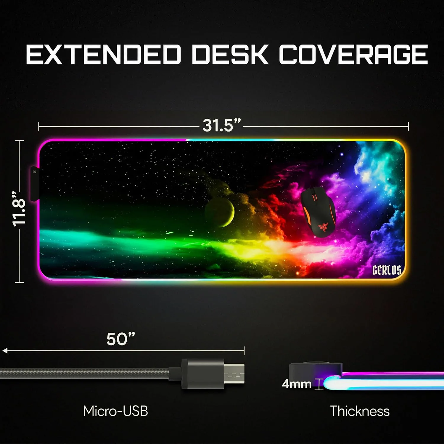 Gerlos RGB Gaming Mouse Pad, Large LED Mouse Pad for Gamer, 31.5" x 11.8"